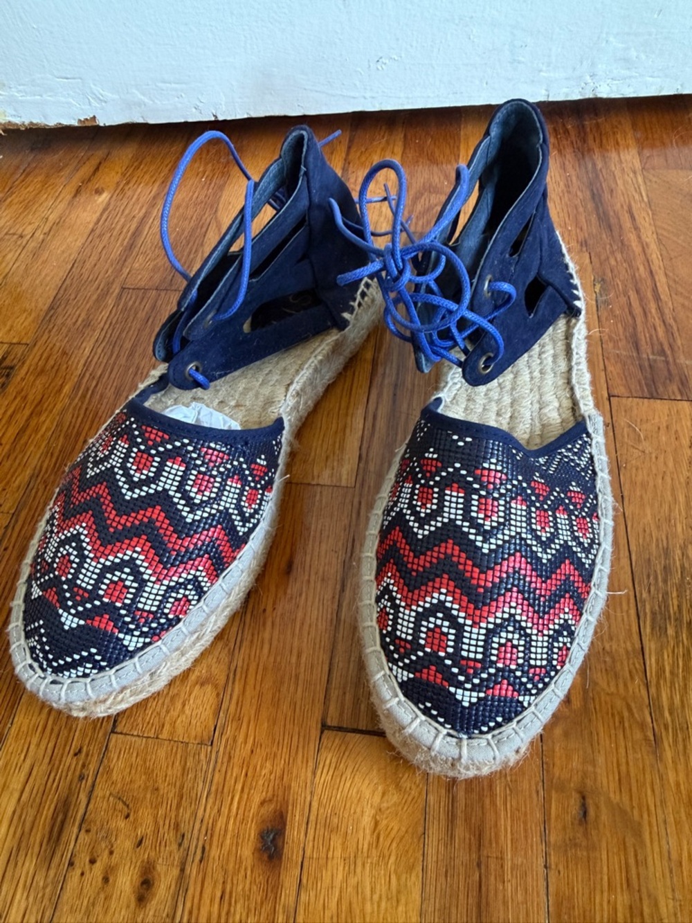 Women's Howsty Anthropologie Red & Navy Patterned Espadrille Lace-Up Flats